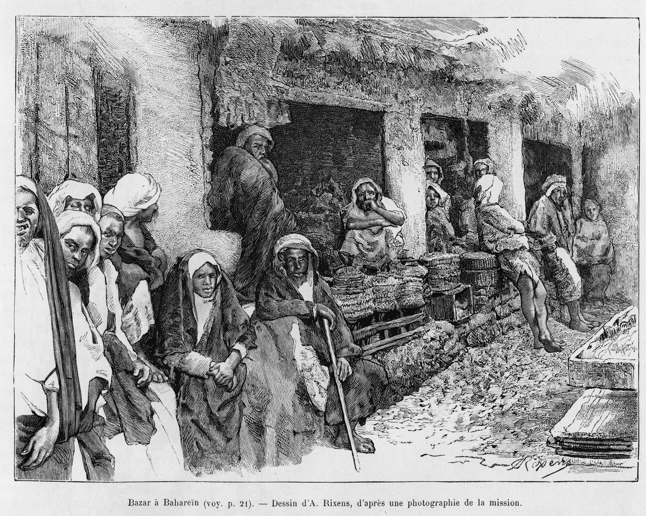 Basar in Bahrain, Tschad. Gravur von A. Rixens zur Illustration der Geschichte „A Suse, journal des excavilles“. von Jean Andre Rixens