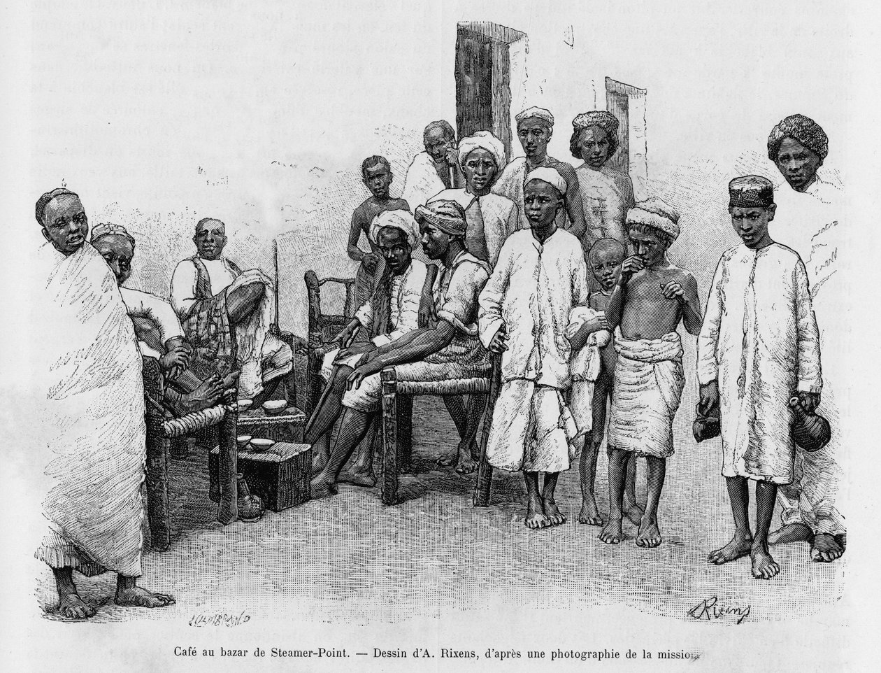 Café am Steamer Point Bazaar, Aden, Jemen. Gravur von A. Rixens zur Illustration der Geschichte „A Suse, journal des excavilles“. von Jean Andre Rixens