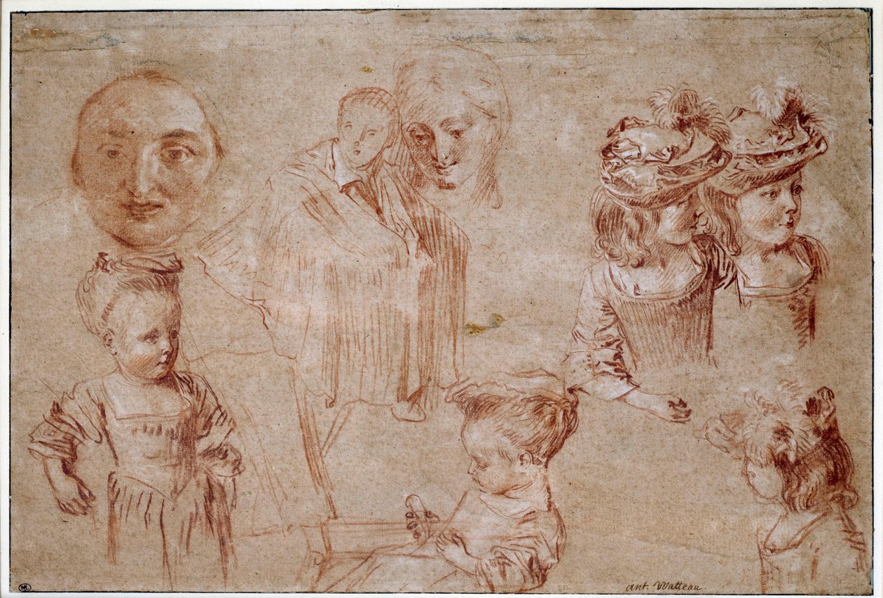 Pierrots Maske, fünf Mädchen im Brustbild, ein Mann im Umhang und ein Frauenkopf von Jean Antoine Watteau