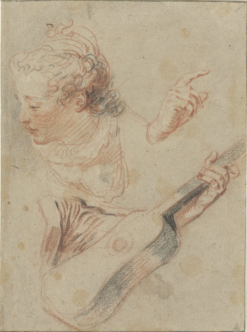 Studienblatt mit einem nach unten blickenden Mädchenkopf, einer Gitarre und den Händen, die sie spielen von Jean Antoine Watteau