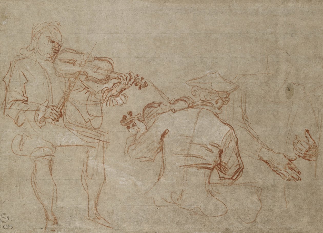 Studie von zwei Geigern und einem Paar Hände, die einen Arm halten von Jean Antoine Watteau
