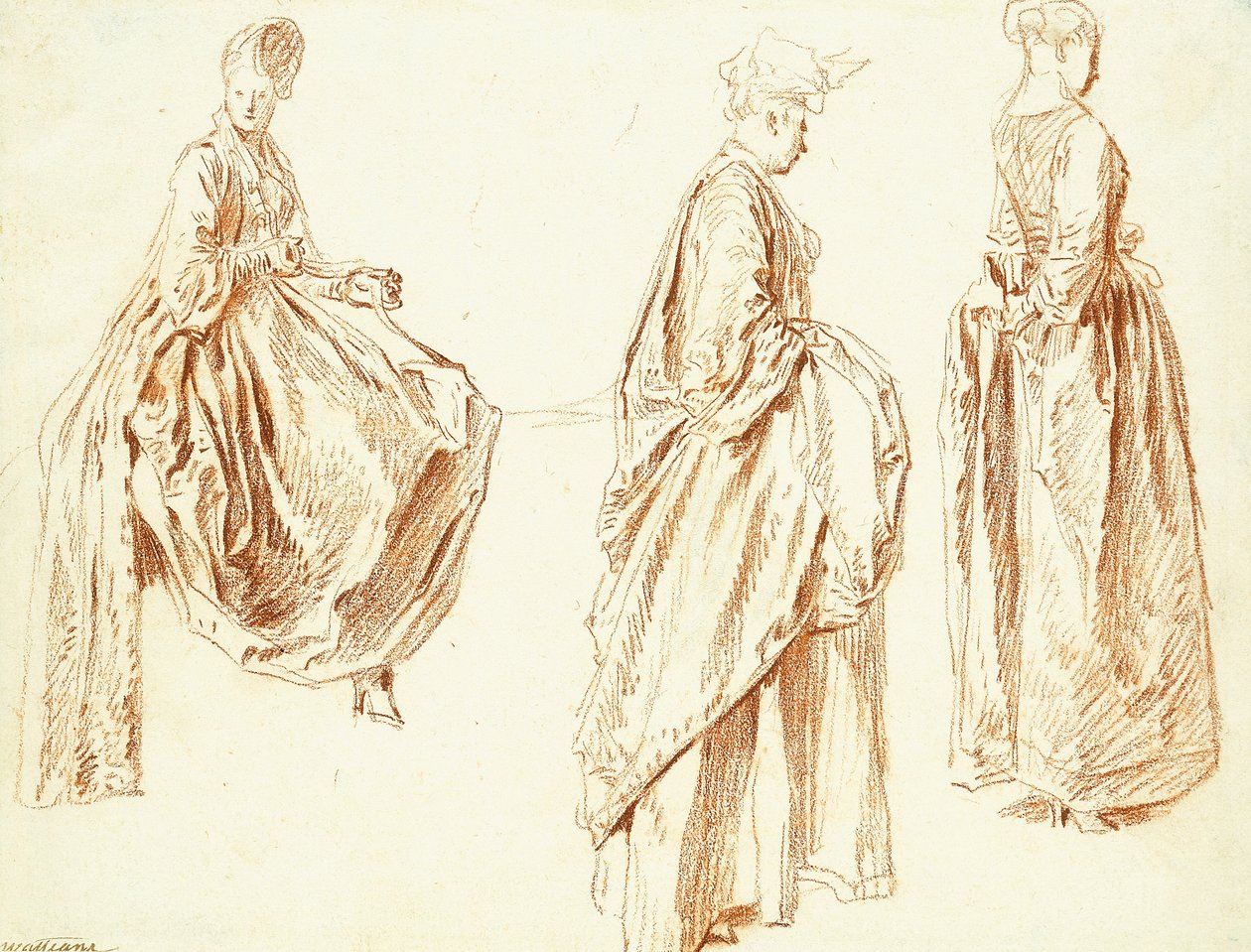 Drei Damen im Profil nach rechts, eine sitzend, ca. 1713-14 von Jean Antoine Watteau