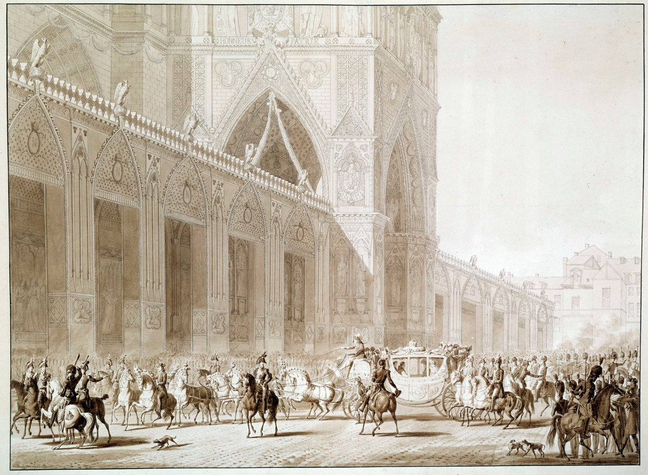 Die Ankunft von Kaiser Napoleon I. (1769-1821) und Kaiserin Josephine de Beauharnais (1763-1814) in der Kathedrale Notre Dame de Paris am Tag der Krönung. Druck nach 