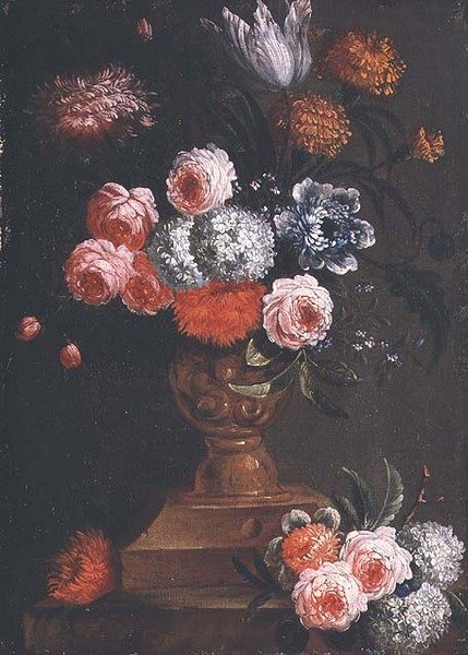 Tulpen, Ringelblumen, Schneeball, Vergissmeinnicht, Rosen und andere Blumen in einer Urne von Jean Baptiste (attr. to) Bosschaert
