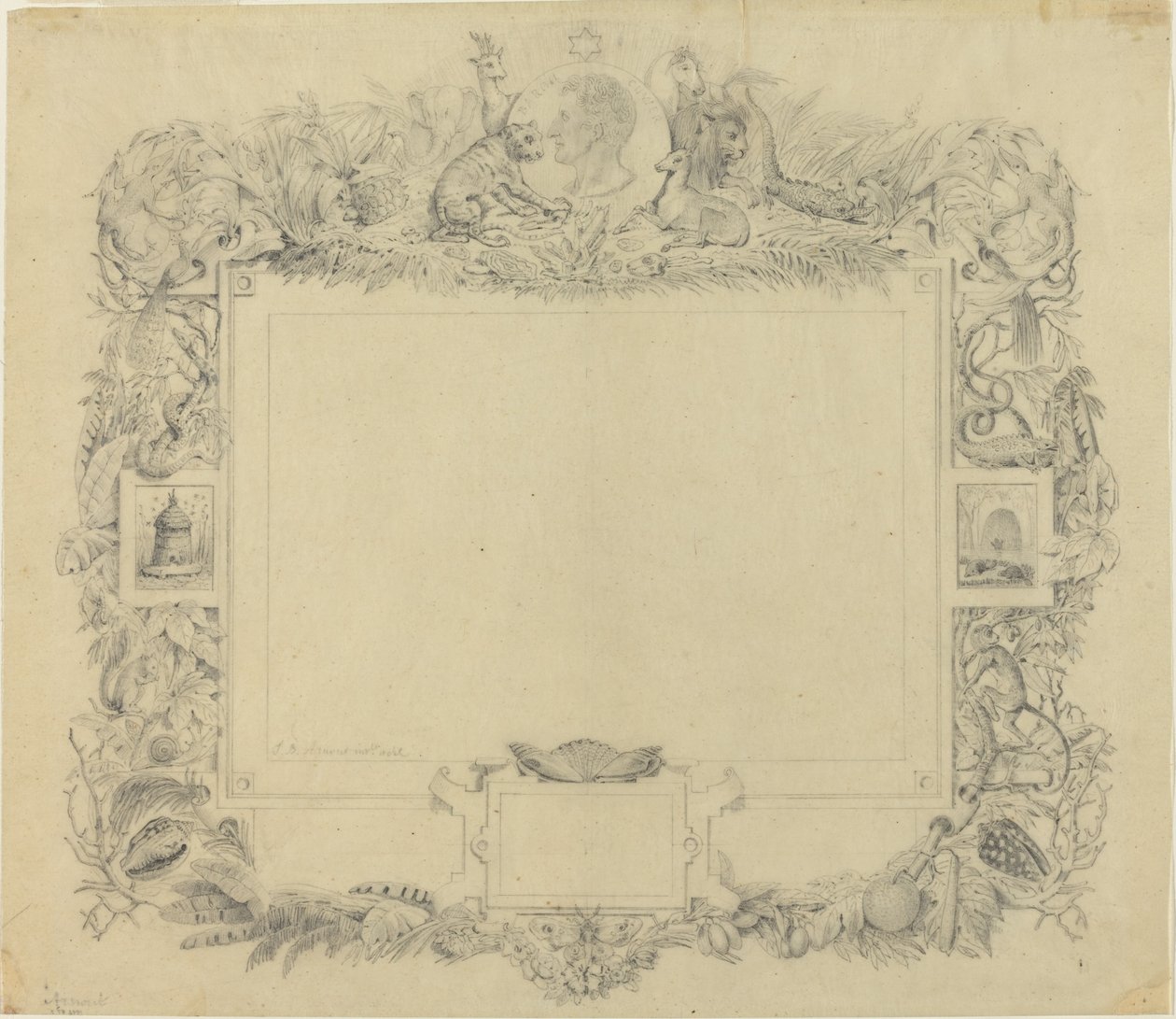 Entwurf für eine Bordüre mit einem Porträt von Baron Cuvier von Jean Baptiste Arnout