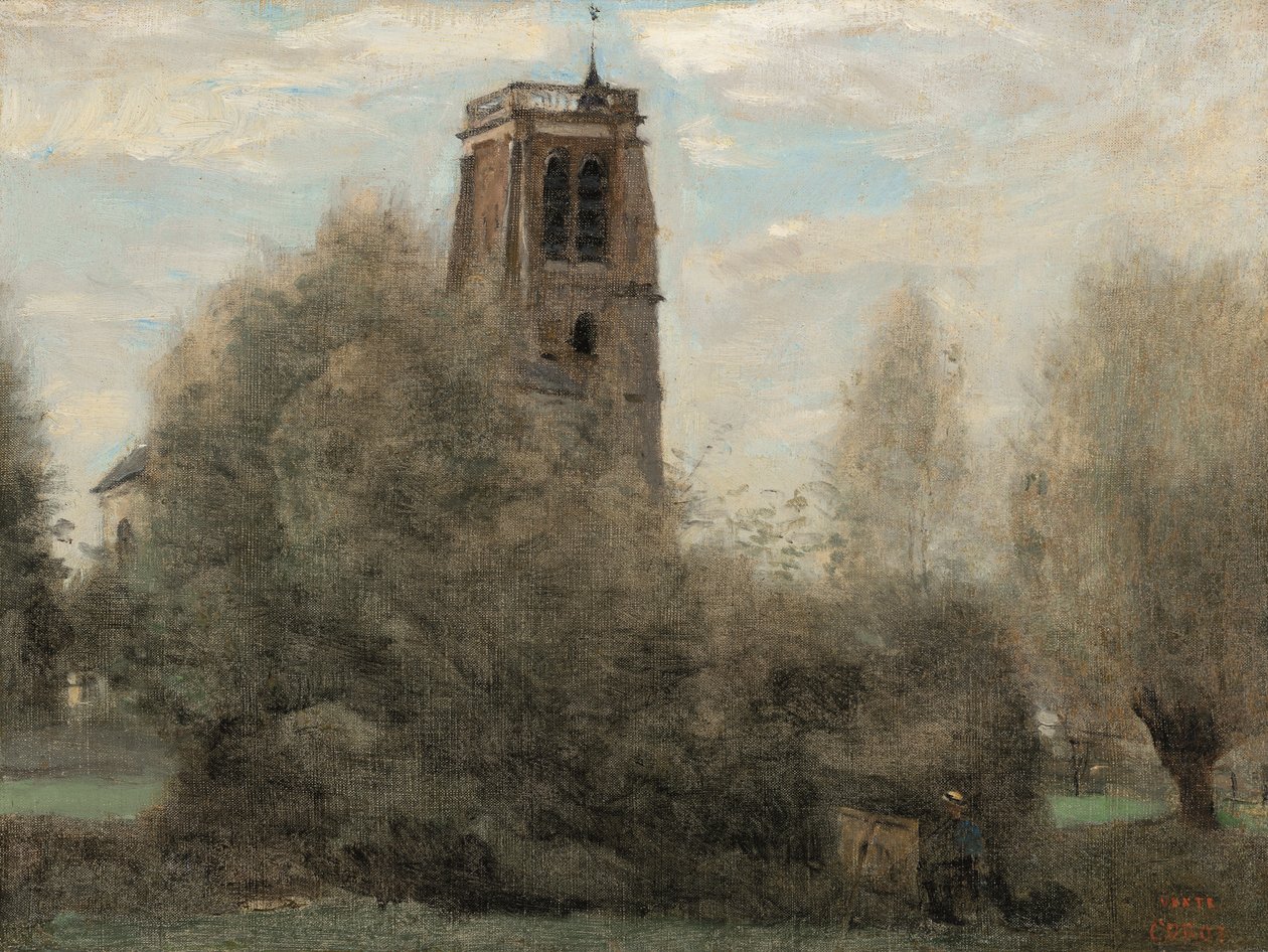 Crécy-en-Brie, Kirchturm des Dorfes (Kirchturm von Saint Georges) von Jean Baptiste Camille Corot