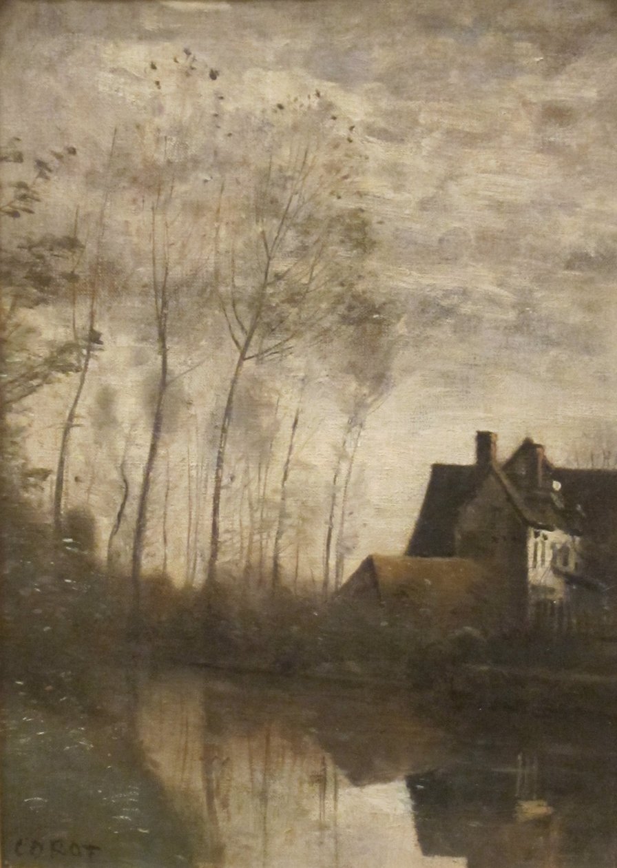 Eine Flussszene mit Häusern und Pappeln von Jean Baptiste Camille Corot