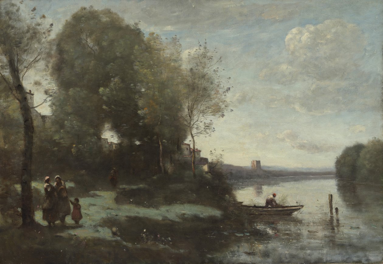 Fluss mit einem fernen Turm, 1865 von Jean Baptiste Camille Corot