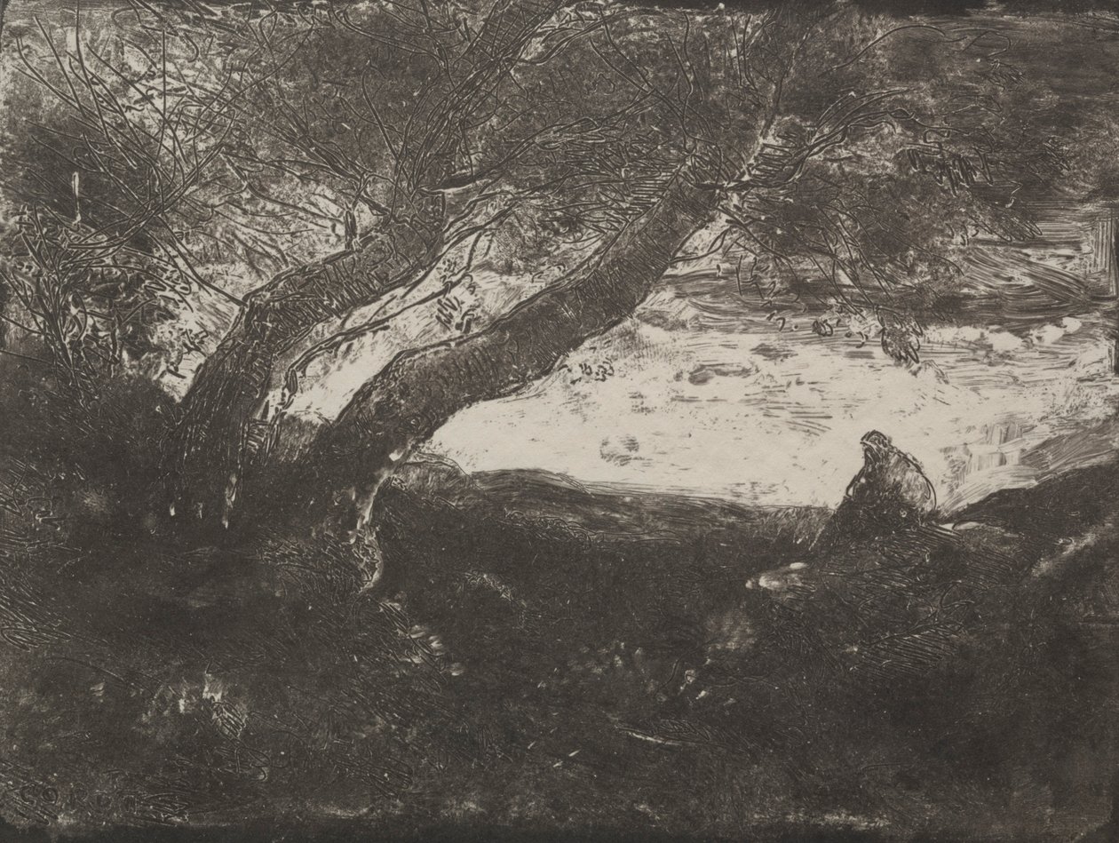 Der Träumer, Originaldruck 1854, gedruckt 1921 von Jean Baptiste Camille Corot