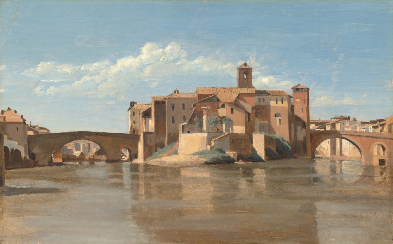 Die Insel und Brücke von San Bartolomeo, Rom, 1825-1828 von Jean Baptiste Camille Corot