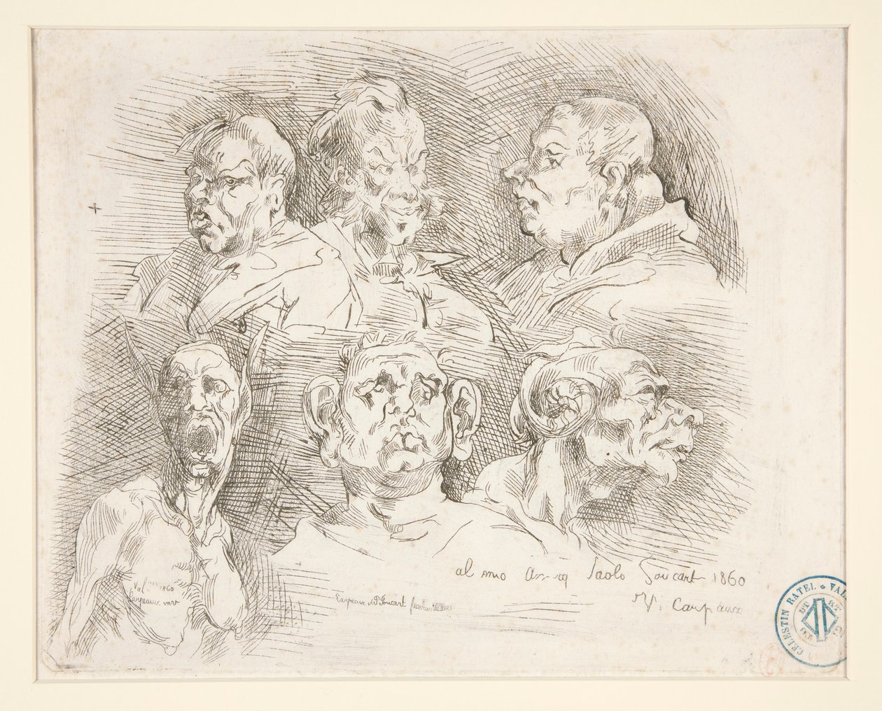 Skizzen grotesker Köpfe von Jean-Baptiste Carpeaux