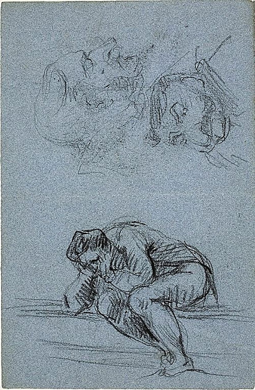 Sitzende Figur mit Kopf in den Händen und zwei Karikaturen (recto); Vier Figuren in einer Lunette (verso) von Jean Baptiste Carpeaux