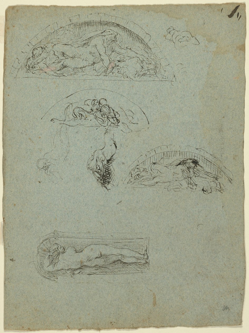 Stehende Figur in einer Nische und Studien für die Ugolino-Gruppe (recto); Rotgewandeter Prälat in einer Menschenmenge (verso) von Jean-Baptiste Carpeaux