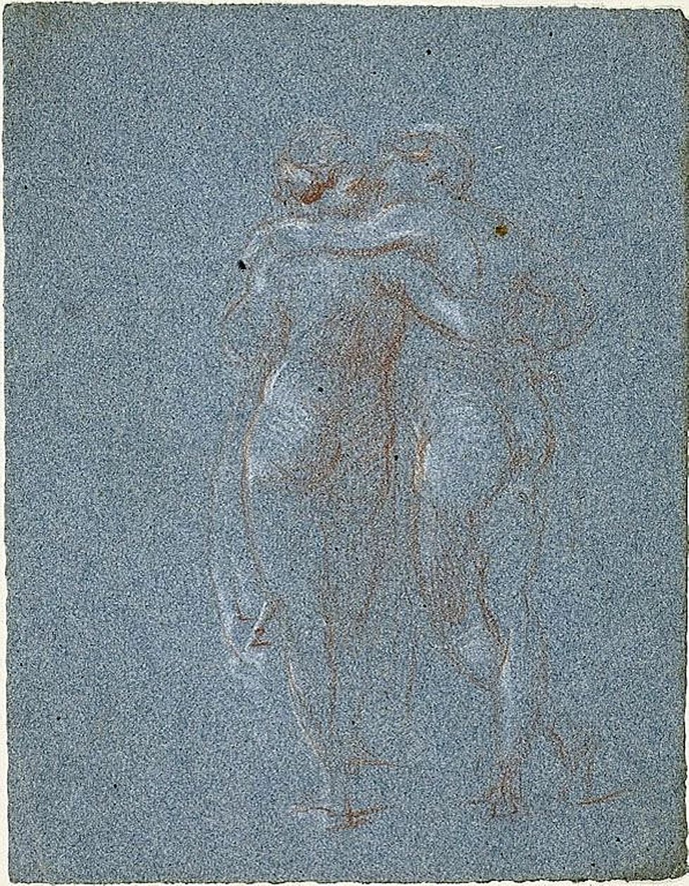 Zwei stehende Figuren, sich umarmend (recto); Mann mit Sense und Skizzen von Gebäuden (verso) von Jean Baptiste Carpeaux