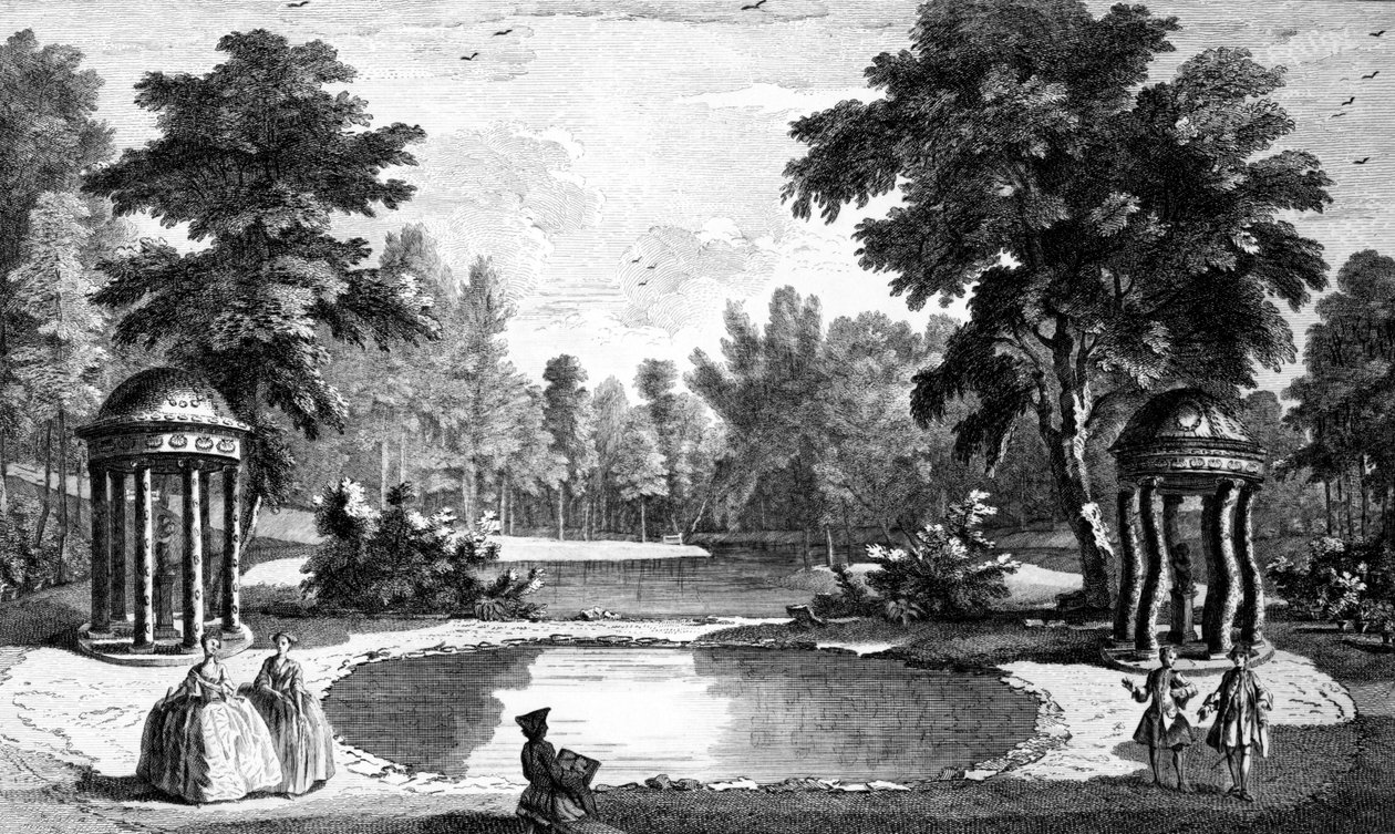 Ansicht der Grotte und zwei Muschelschreine, Stowe House Gardens, graviert von George Bickham, 1753 von Jean Baptiste Claude Chatelain