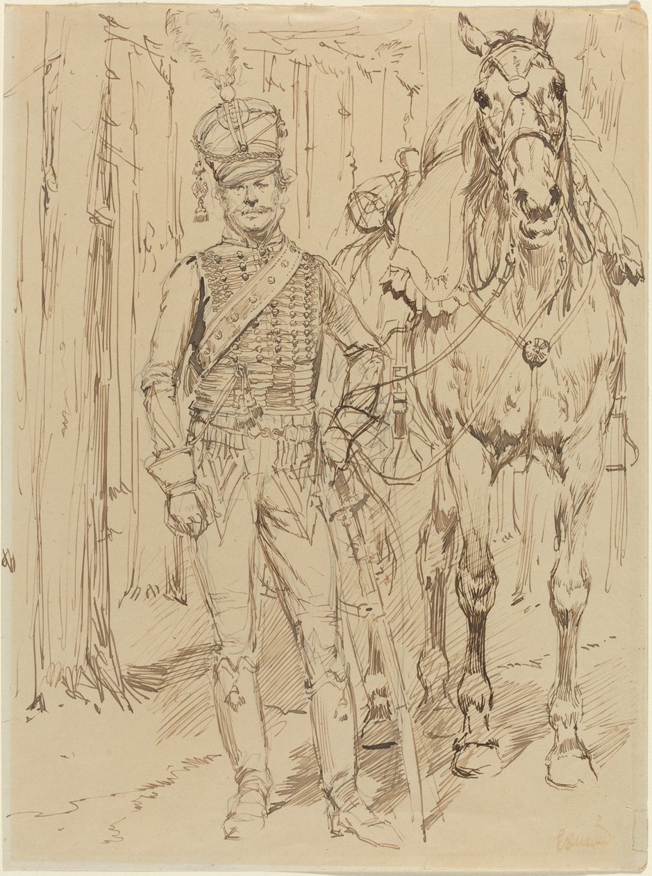 Ein französischer Husar führt ein Pferd von Jean Baptiste Edouard Detaille