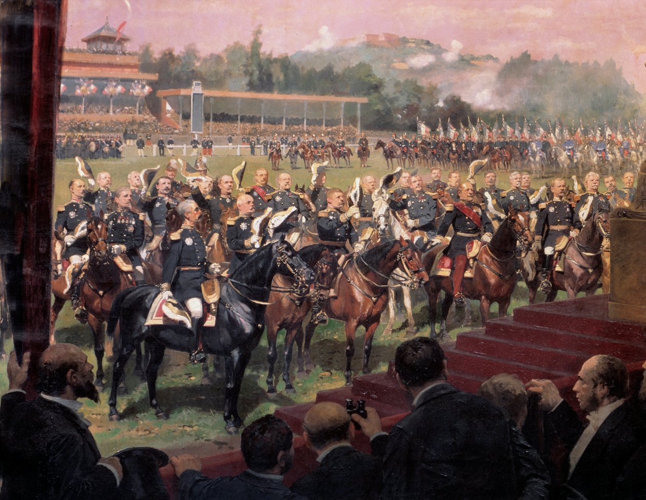 Die Verteilung der Flaggen in Longchamp durch Präsident Jules Grevy in Anwesenheit von Leon Gambetta am 14. Juli von Jean Baptiste Edouard Detaille