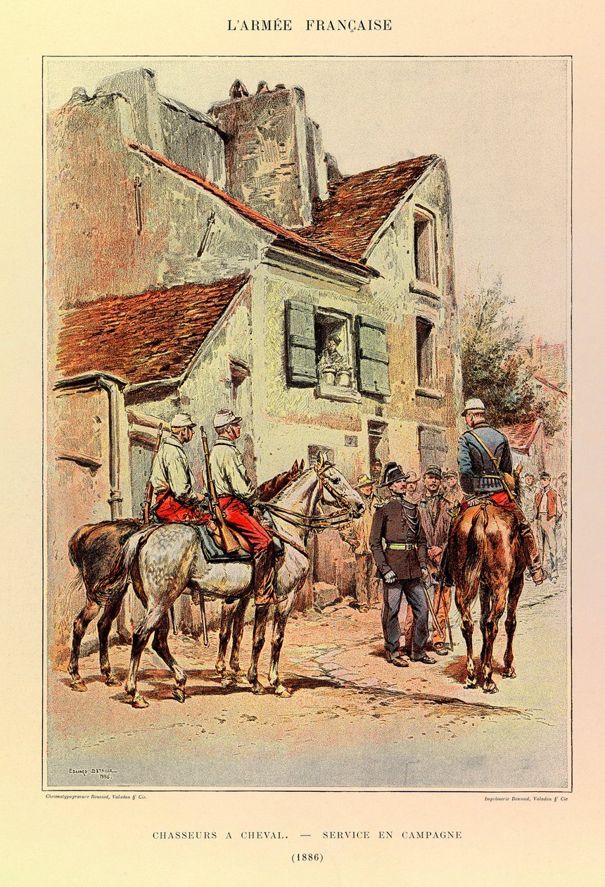 Typen und Uniformen der französischen Armee von Hauptmann Jules Richard, illustriert von Edouard Detaille: Jäger zu Pferd; Felddienst 1886, Private Sammlung von Jean-Baptiste Edouard Detaille