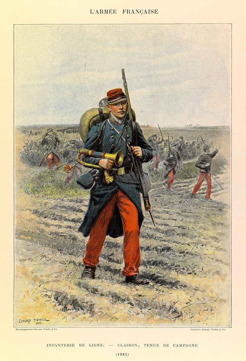 Typen und Uniformen der französischen Armee von Kapitän Jules Richard, illustriert von Edouard Detaille: Linieninfanterie; Clairon in Feldkleidung 1885, Privatbesitz von Jean-Baptiste Edouard Detaille