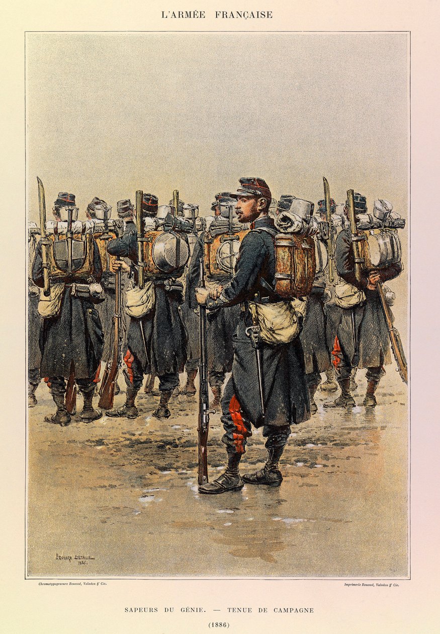 Typen und Uniformen der französischen Armee von Hauptmann Jules Richard, illustriert von Edouard Detaille: Pionier in Felduniform 1886, Private Sammlung von Jean-Baptiste Edouard Detaille