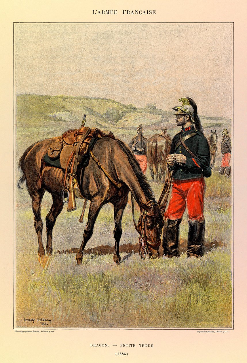 Typen und Uniformen der französischen Armee von Hauptmann Jules Richard, illustriert von Edouard Detaille: Dragoner in kleiner Uniform 1885, Private Sammlung von Jean-Baptiste Edouard Detaille