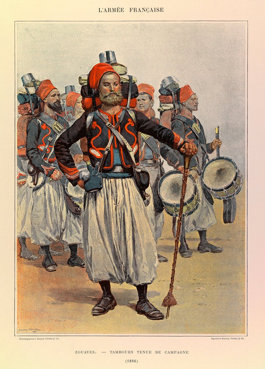 Typen und Uniformen der französischen Armee von Hauptmann Jules Richard, illustriert von Edouard Detaille: Zouaven: Trommler in Landestracht 1886 von Jean-Baptiste Edouard Detaille