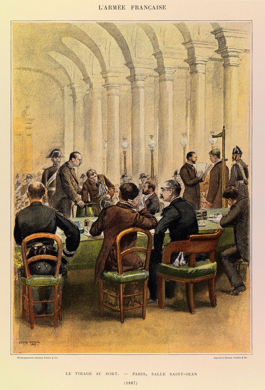 Typen und Uniformen der französischen Armee von Kapitän Jules Richard, illustriert von Edouard Detaille: Die Auslosung in Paris, Salle Saint Jean 1887, Privatbesitz von Jean-Baptiste Edouard Detaille