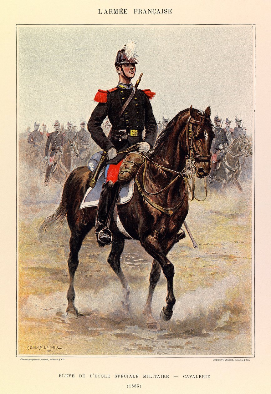 Typen und Uniformen der französischen Armee von Kapitän Jules Richard, illustriert von Edouard Detaille: Schüler der speziellen Militärschule: Kavallerie 1885, Privatbesitz von Jean-Baptiste Edouard Detaille