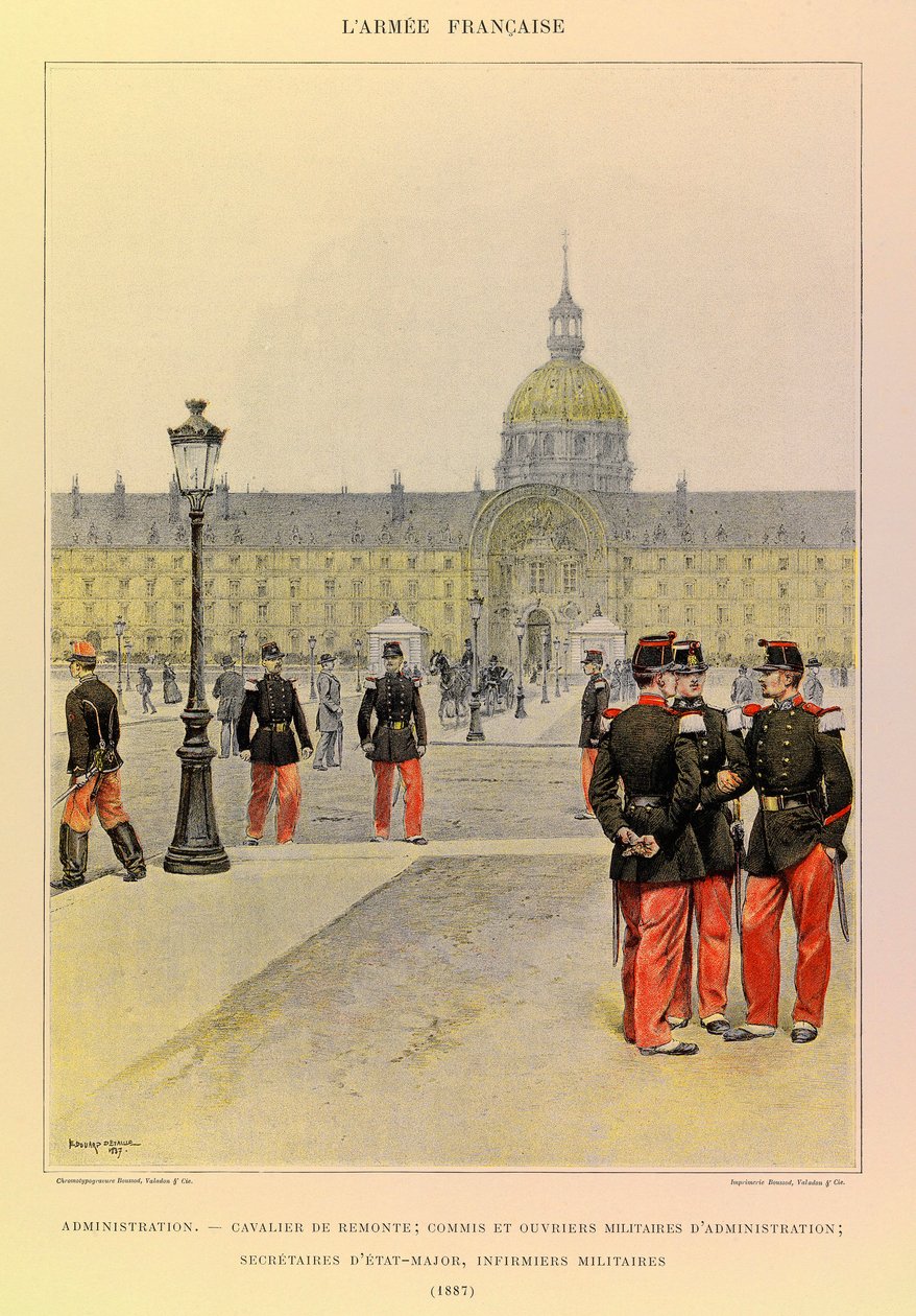 Typen und Uniformen der französischen Armee von Hauptmann Jules Richard, illustriert von Edouard Detaille (1848-1912): Verwaltung: Reiter, Militärschreiber und Verwaltungsangestellte, Stabssekretäre, Militärkrankenschwestern im Jahr 1887, Privatbesitz von Jean-Baptiste Edouard Detaille