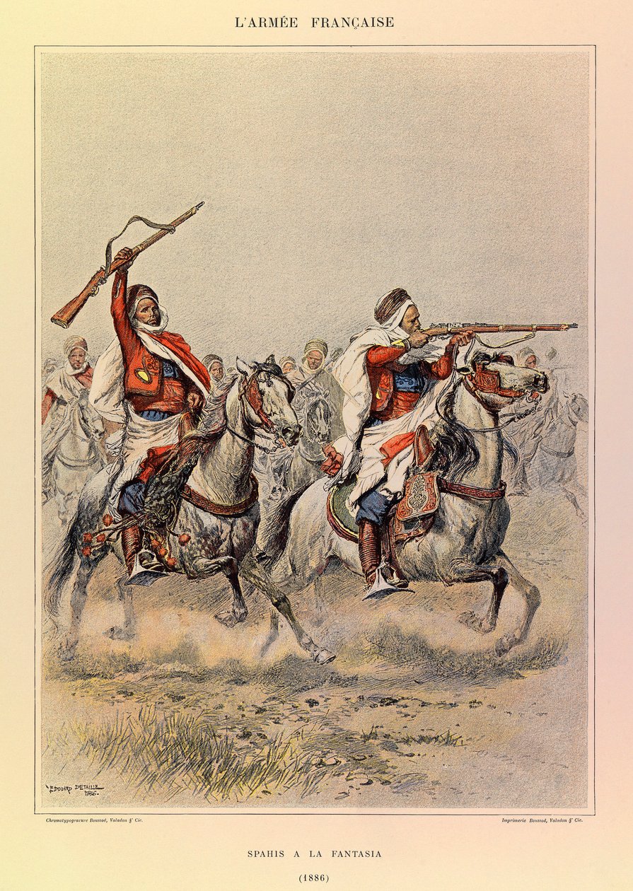 Typen und Uniformen der französischen Armee von Hauptmann Jules Richard, illustriert von Edouard Detaille (1848-1912): Spahis à la Fantasia im Jahr 1886, Privatbesitz von Jean Baptiste Edouard Detaille
