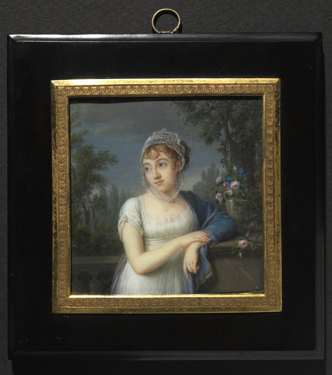 Porträt einer Frau an einer Balustrade, 1804 von Jean Baptiste Jacques Augustin