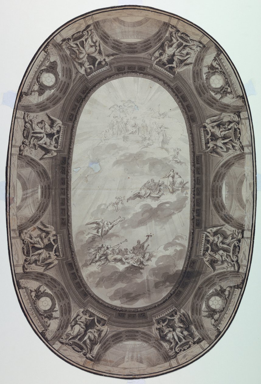 Zeichnung, Entwurf für die bemalte Dekoration der Decke eines Saals (Bemalte Ovale Decke), 1761 von Jean Baptiste Marie Pierre