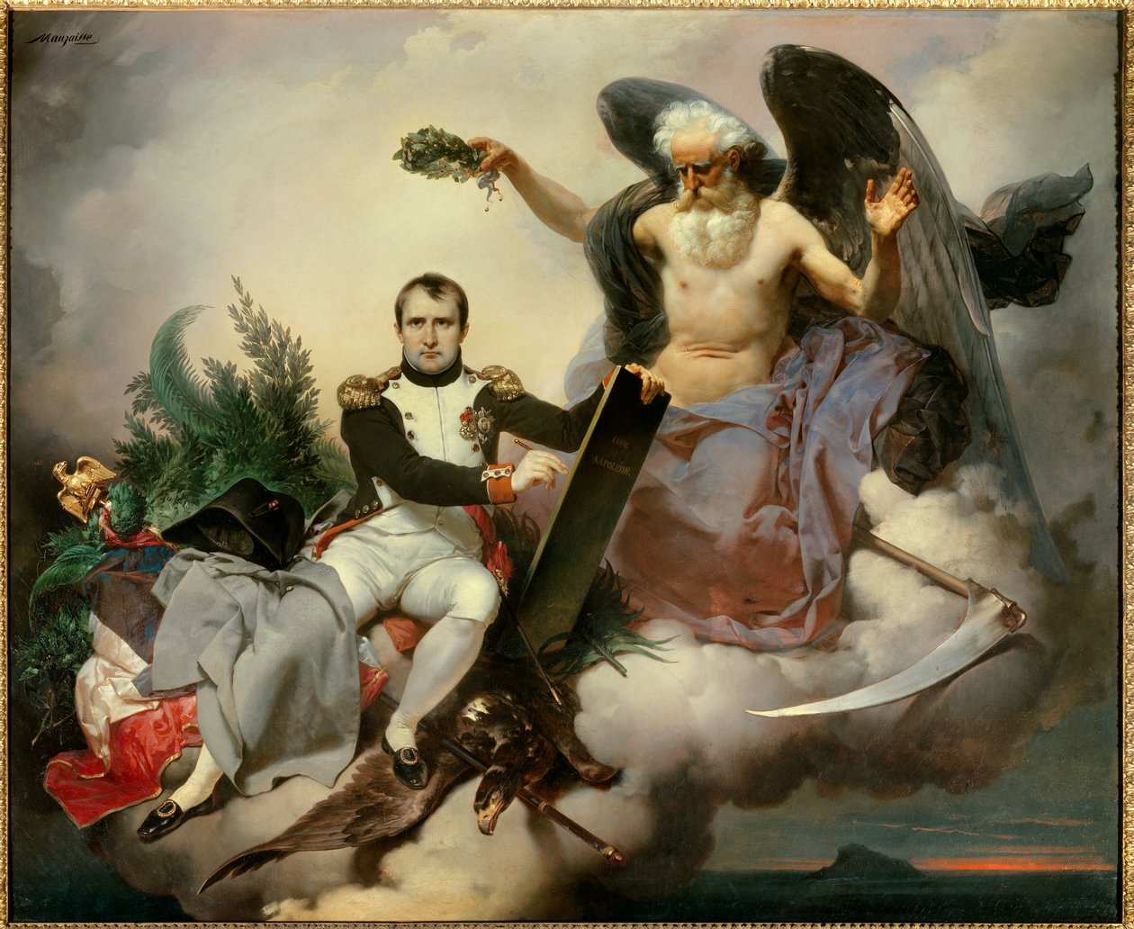 Napoleon I. wird von der Zeit gekrönt, schreibt den Zivilkodex. Allegorie der Zeit, unter dem Deckmantel eines alten Engels krönt Napoleon Bonaparte (1769-1821) zu der Zeit, als er seinen Gesetzeskodex, bekannt als der Napoleonische Kodex, überarbeitete un von Jean Baptiste Mauzaisse