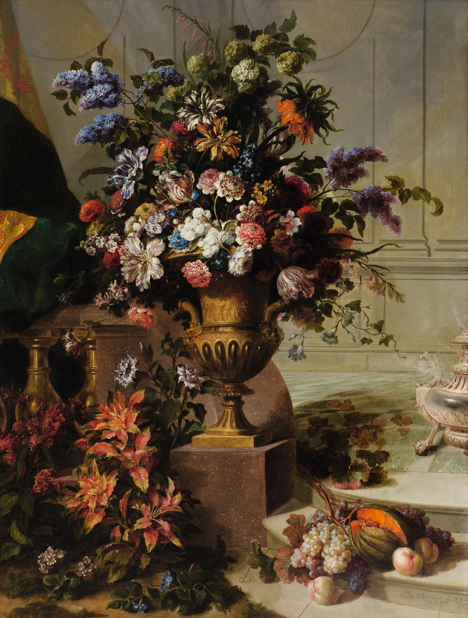 Ein Blumenstrauß in einer vergoldeten Bronzevase auf einem Porphyrsockel in architektonischer Umgebung von Jean Baptiste Monnoyer