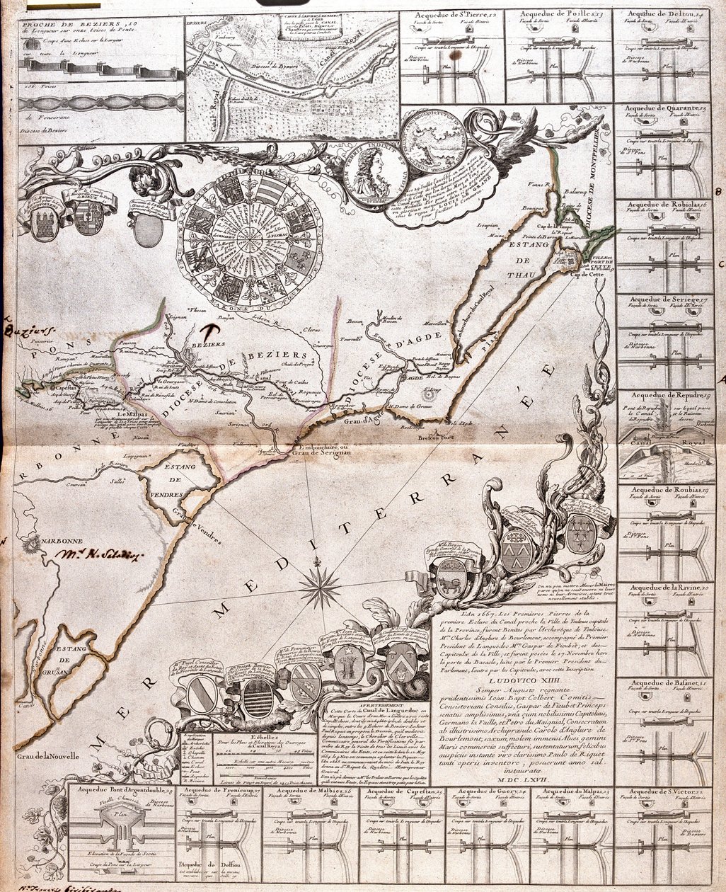 Karte des Canal du Midi, mit seinen Aquädukten von Jean Baptiste Nolin