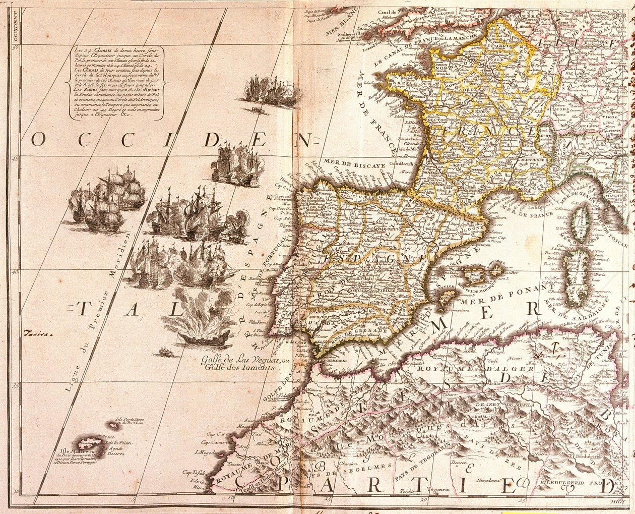 Karte der westlichen Mittelmeerländer: Frankreich, Spanien, Portugal und Nordafrika (Marokko, Algerien, Tunesien), mit den Balearen, Korsika und Sardinien von Jean Baptiste Nolin