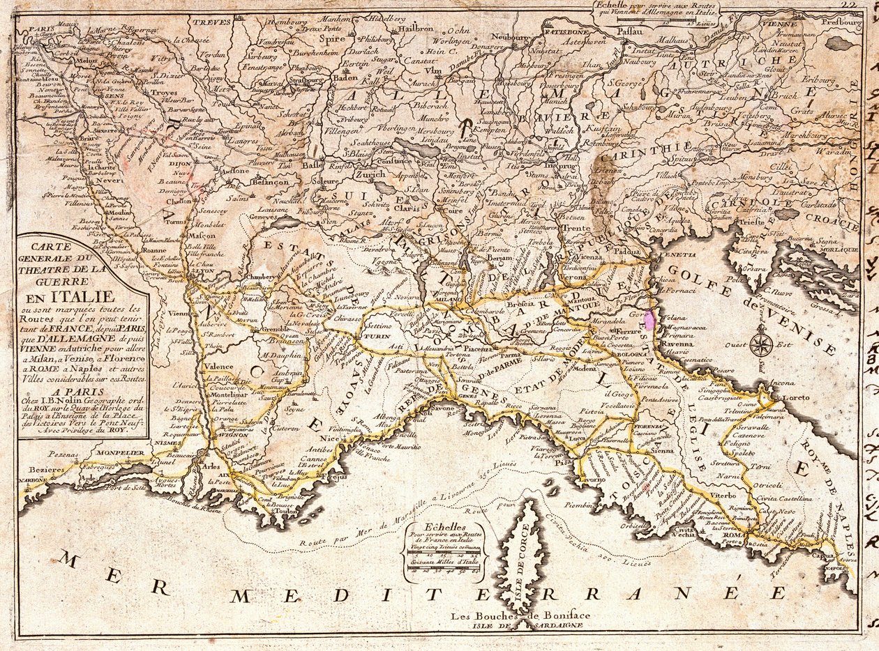 Karte der Straßen, die zu den wichtigsten italienischen Städten aus ganz Europa führen (Gravur) von Jean Baptiste Nolin