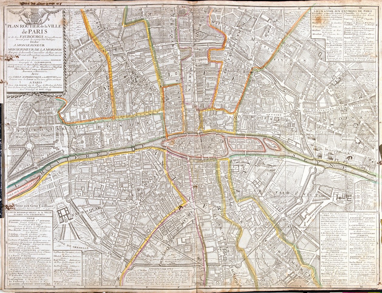 Routenkarte von Paris und seinen Vororten von Jean Baptiste Nolin