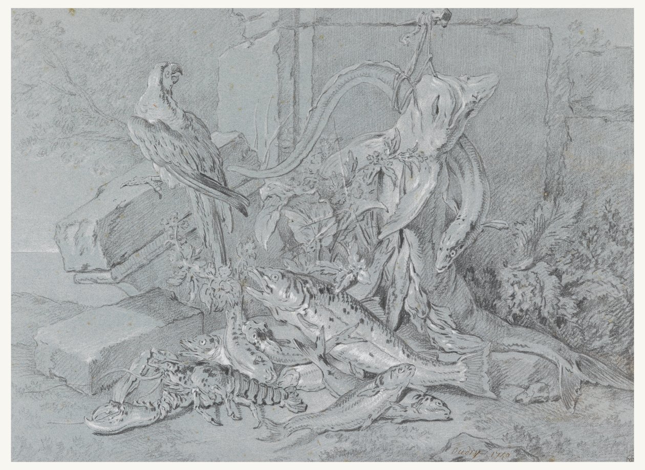Stillleben mit Fisch und Papagei von Jean Baptiste Oudry