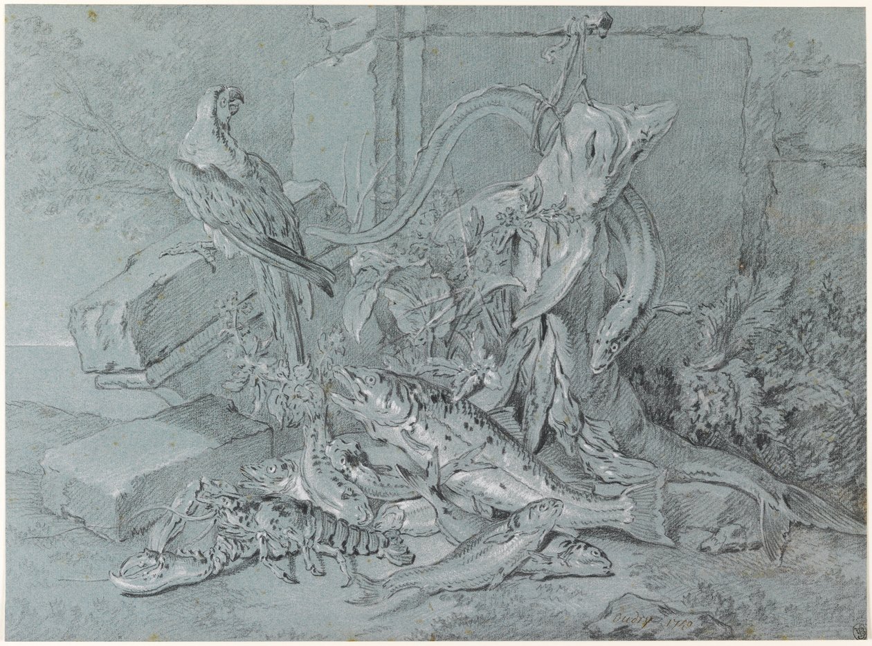 Stillleben mit Fisch und Papagei von Jean Baptiste Oudry