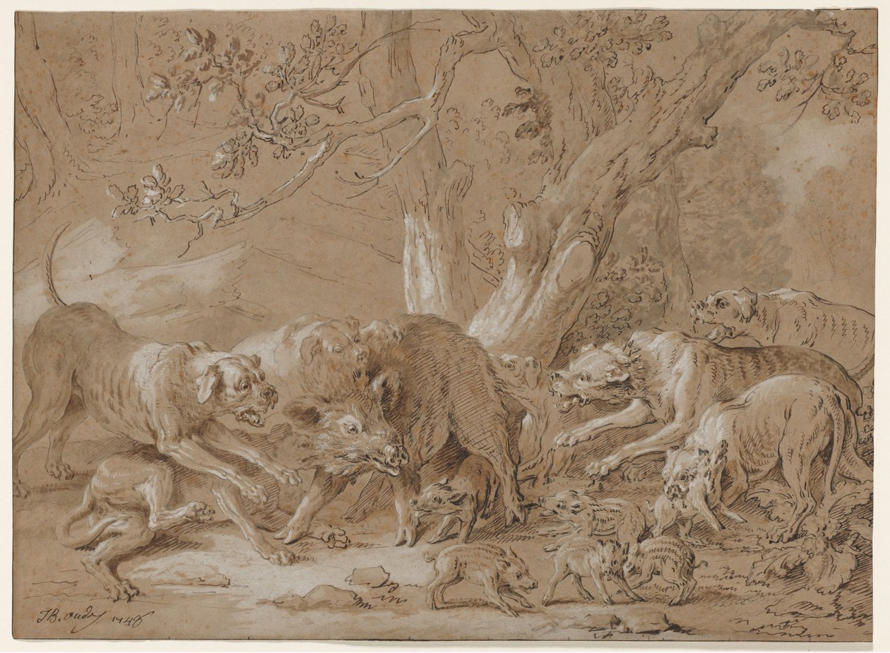 Wilde Sau und ihre Jungen von Hunden angegriffen von Jean Baptiste Oudry