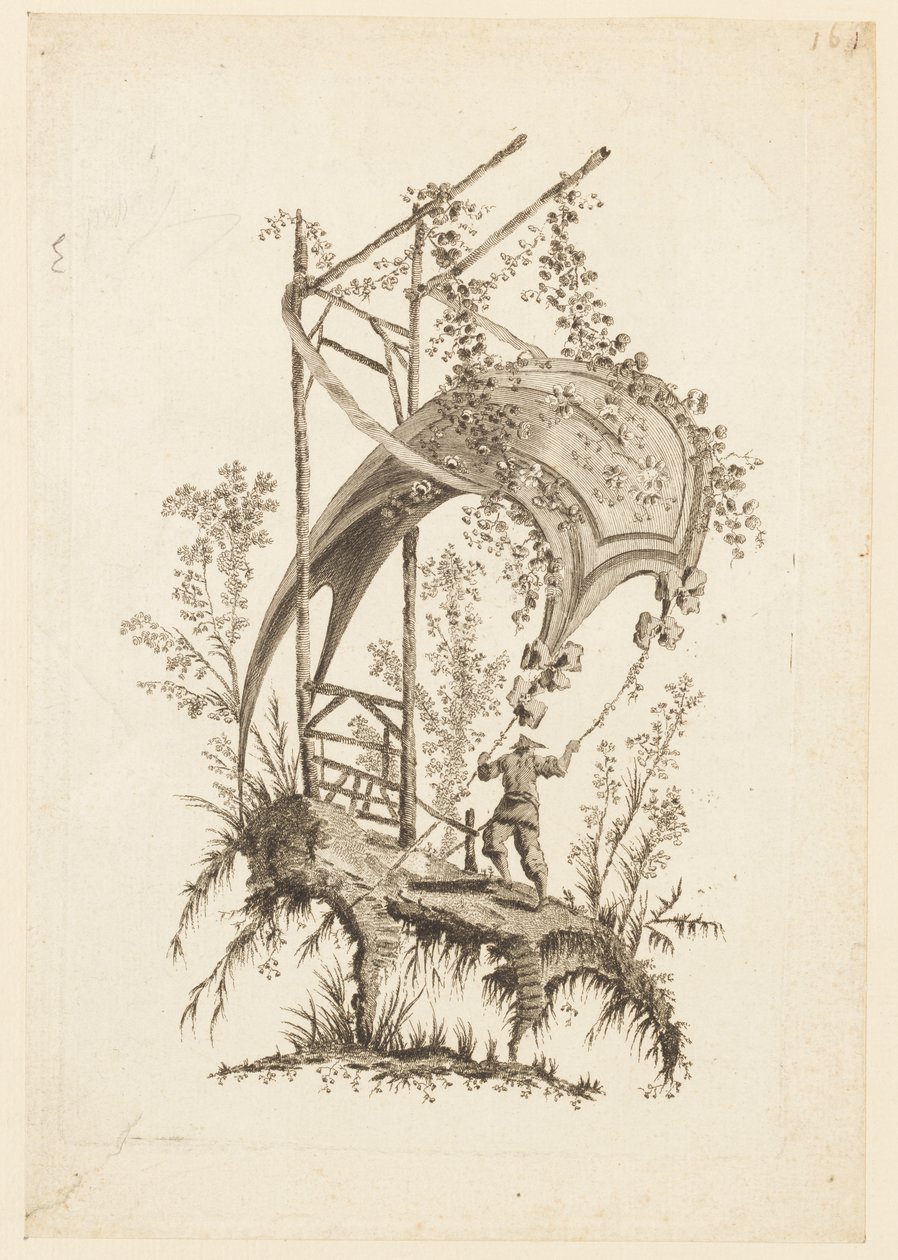 Figur, die zwei Ecken eines Zeltes hält, aus "Recueil des Tentes Chinoises" von Jean Baptiste Pillement
