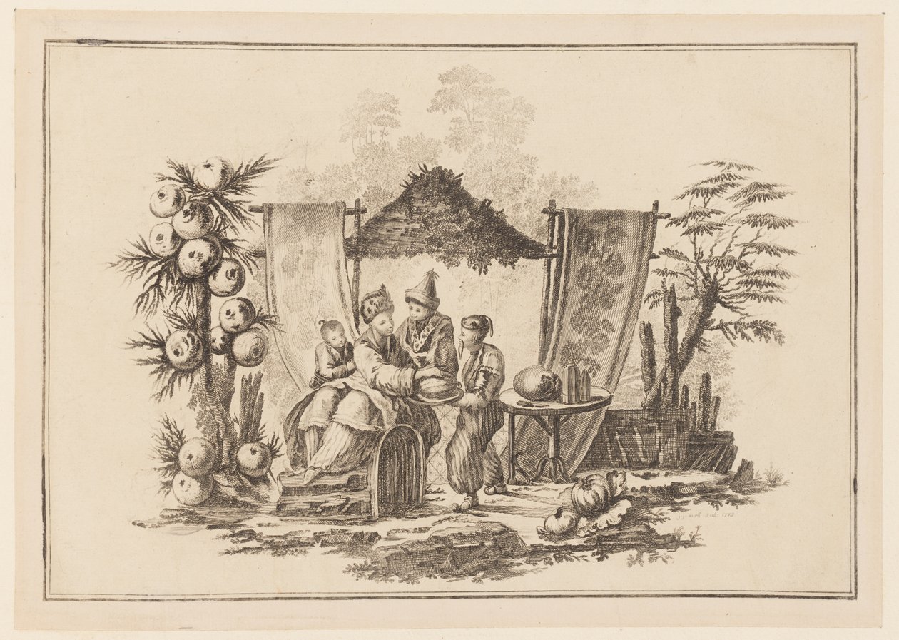 Figuren mit einem Kürbis, aus "Nouveau Cahier de Six Feuilles De Différents Sujets Chinois Historiés" von Jean Baptiste Pillement