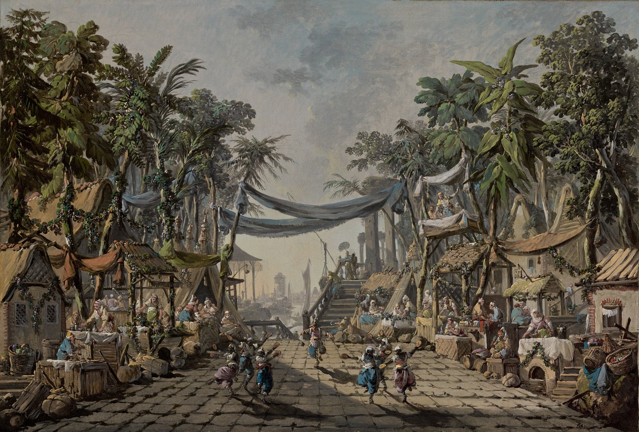 Marktszene in einem imaginären orientalischen Hafen von Jean Baptiste Pillement