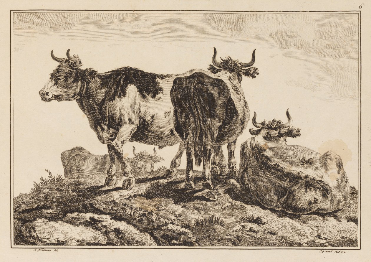 Tafel 6, aus "Cahier de Six Feuilles de Boeufs et Vaches" von Jean Baptiste Pillement