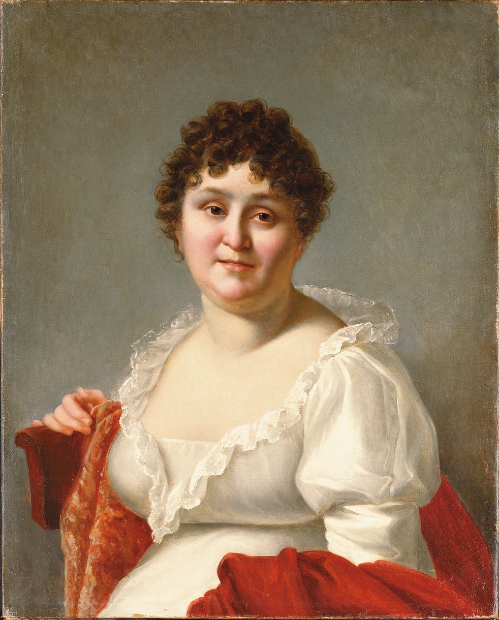 Porträt von Madame Regnault, Brustbild, in einem weißen Kleid und einem Kaki-Schal von Jean Baptiste Regnault