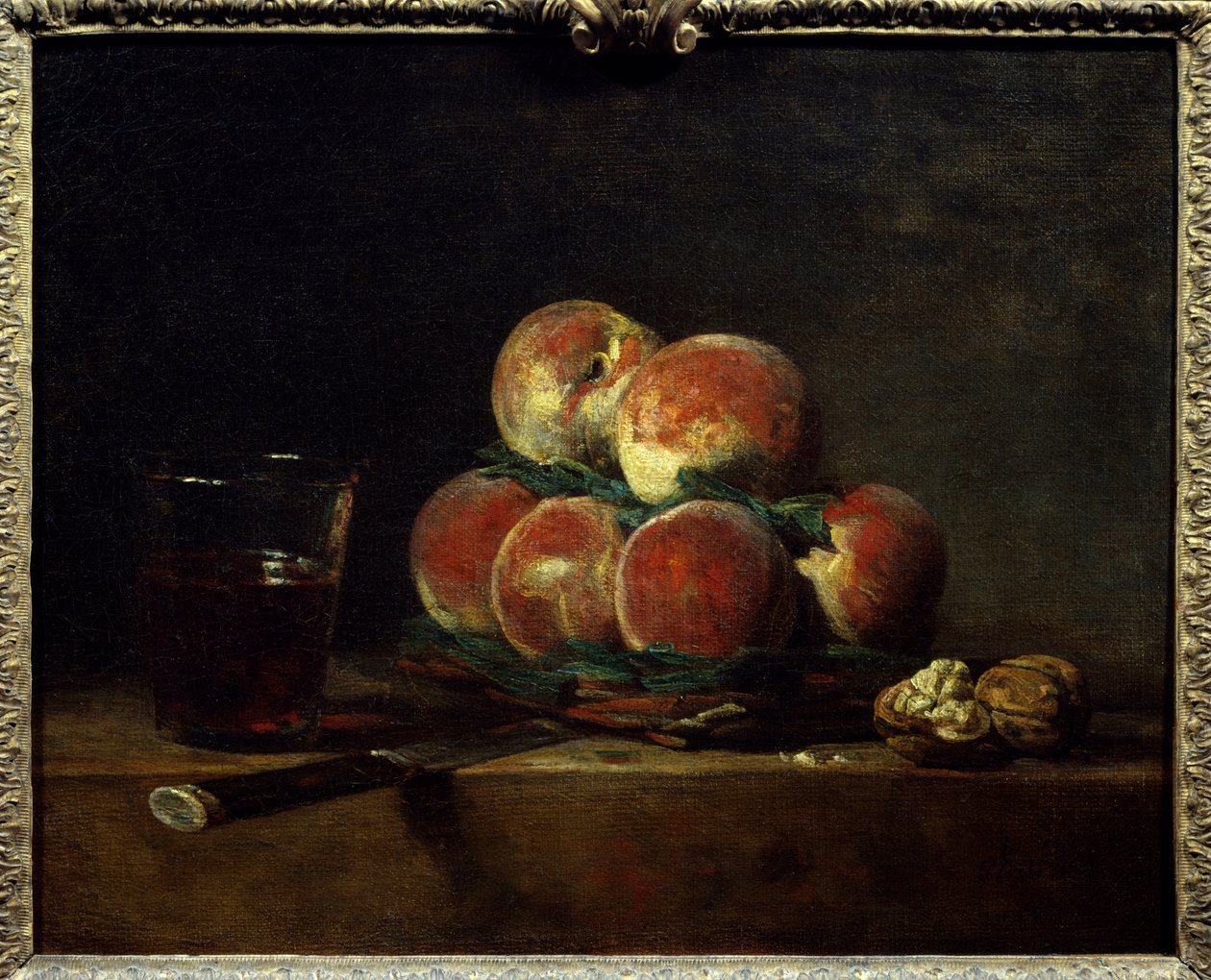 Korb mit Pfirsichen, Nüssen, Messer und Weinglas. Gemälde von Jean Baptiste Simeon Chardin (1699-1779) 1768. Paris, Louvre Museum von Jean Baptiste Simeon Chardin