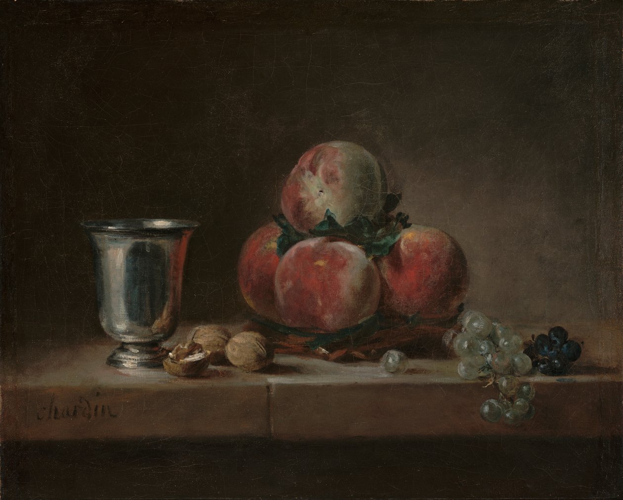 Stillleben mit Pfirsichen, einem Silberkelch, Trauben und Walnüssen, ca. 1759-60 von Jean Baptiste Simeon Chardin