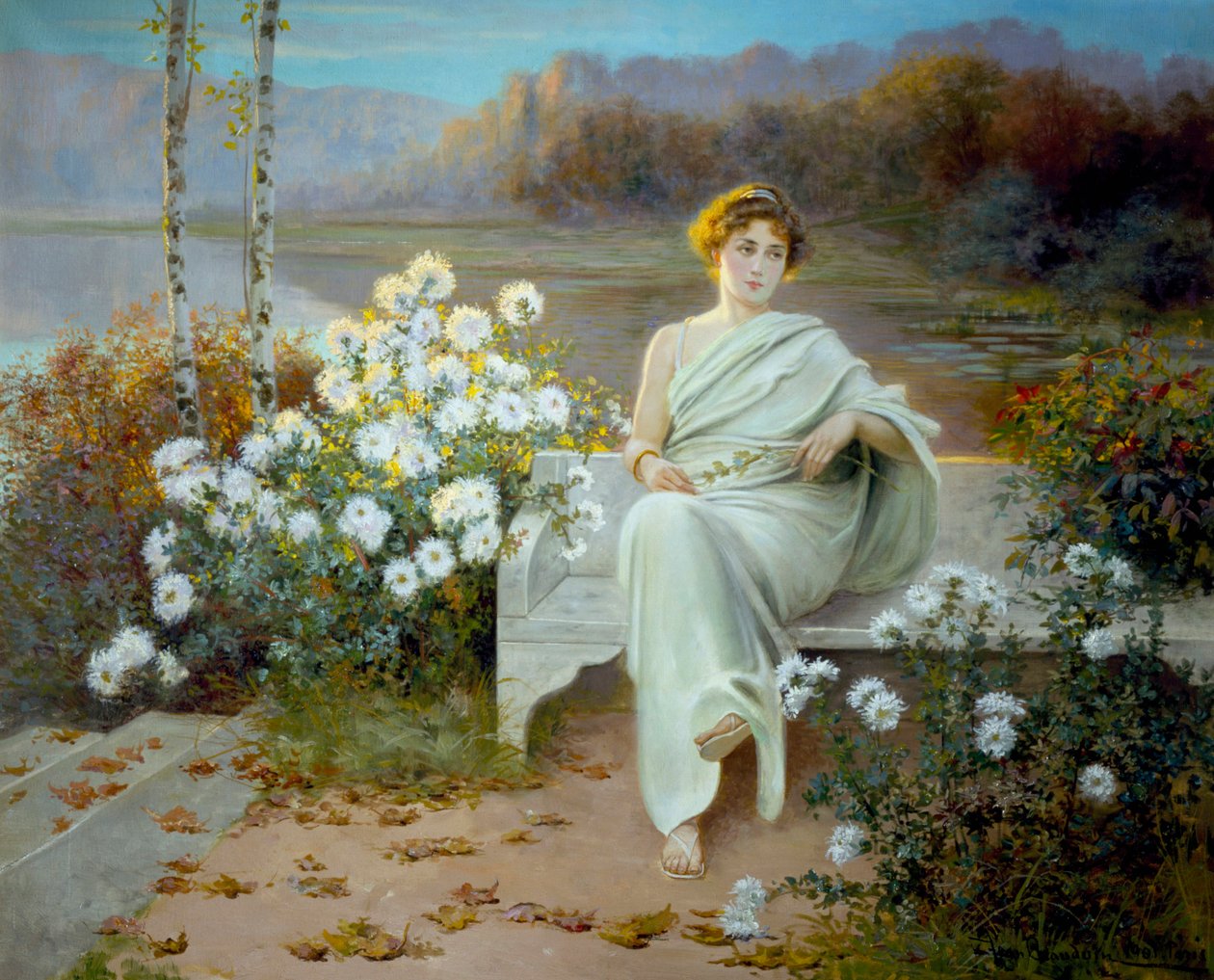 Antikes Rom: "Reverie" Eine junge Frau sitzt auf einer Bank in einem blühenden Garten, in Gedanken versunken. Gemälde von Jean Beauduin (1851-1916), 1901. von Jean Beauduin