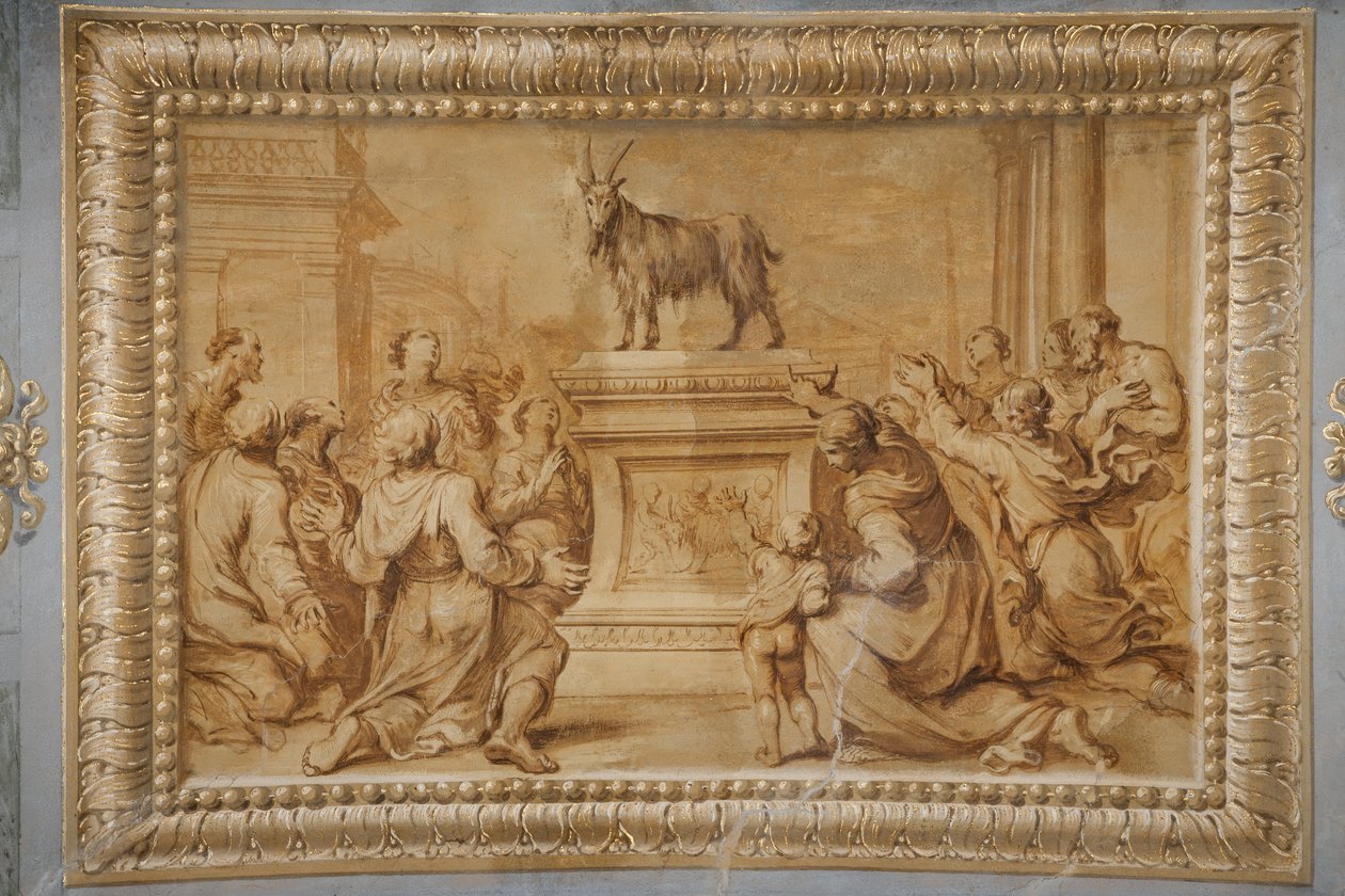 Falsches vergoldetes Relief, mit der Ziege auf dem historischen Altar und umgeben von anbetenden Figuren von Jean Boulanger